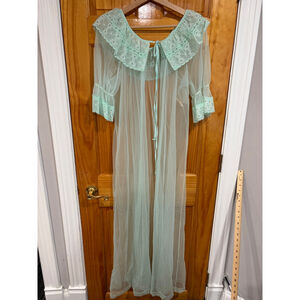 Vintage Sears Mint Green Sheer Lace Peignoir Nightgown Set 60s 70s SM